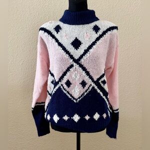 Vintage 80s DEB Pullover Blue, White & Pink Sweater Medium Apres Ski
